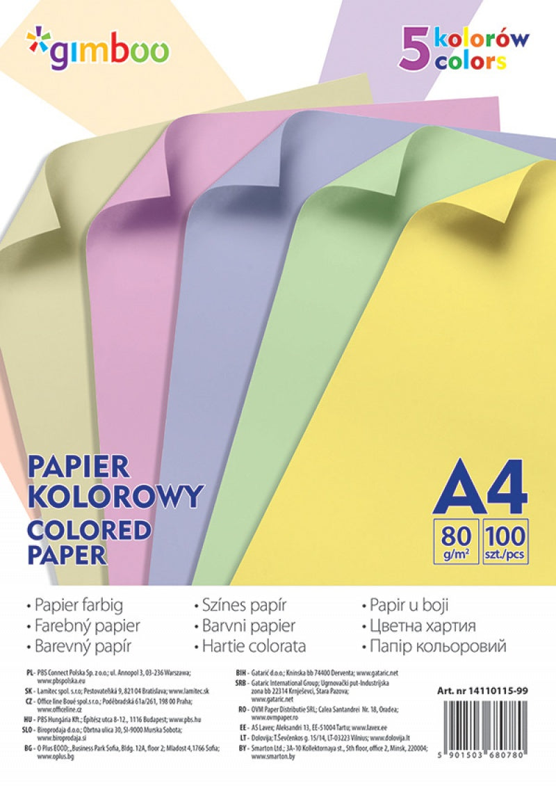 Hartie color GIMBOO, mix 5x20 coli, culori pastel, A4, 80g, 100 coli Hartie color GIMBOO, mix 5x20 coli, culori pastel, A4, 80g, 100 coli